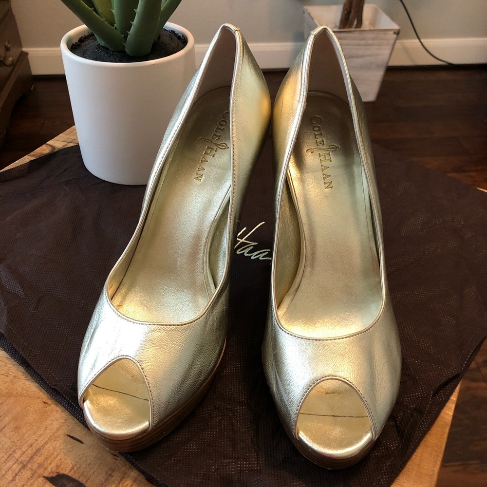 Cole Haan Metallic Gold Peep Toe Heels